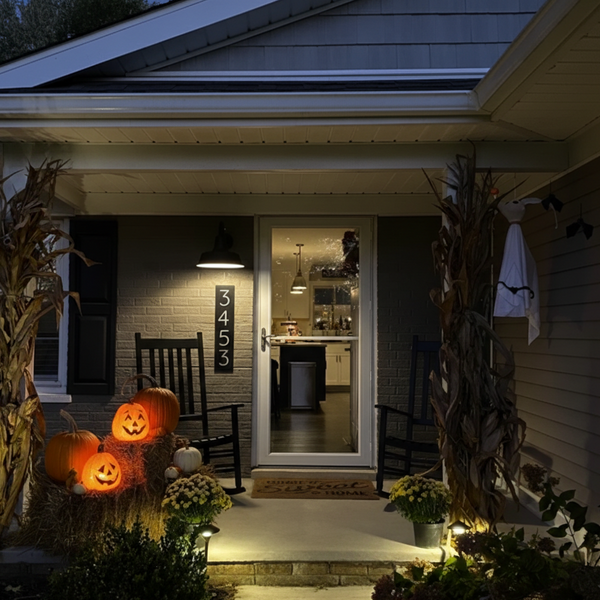 A vertical, modern address plate with the house number "3453" in sleek white digits on a black rectangular plaque, mounted on a grey brick wall and illuminated by an overhead gooseneck barn light.