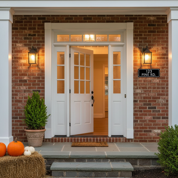 A custom black acrylic address plaque with the white text "123 Pine Rd." mounted on a red brick suburban house next to a white door with autumn porch decor.