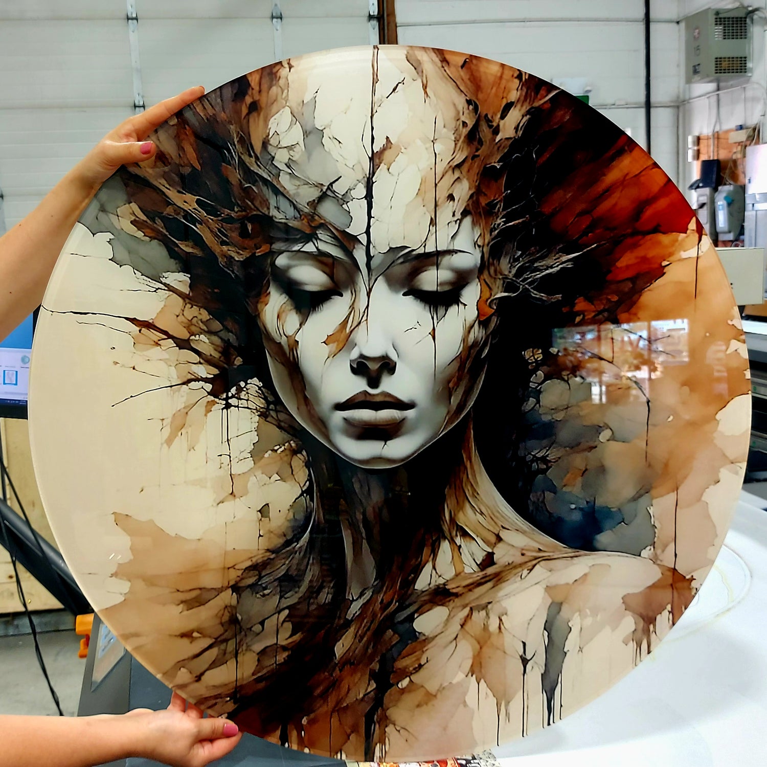 A large circular high-gloss acrylic art print featuring a stylized watercolor-style portrait of a woman with abstract earth-toned splashes, being held in a workshop setting.