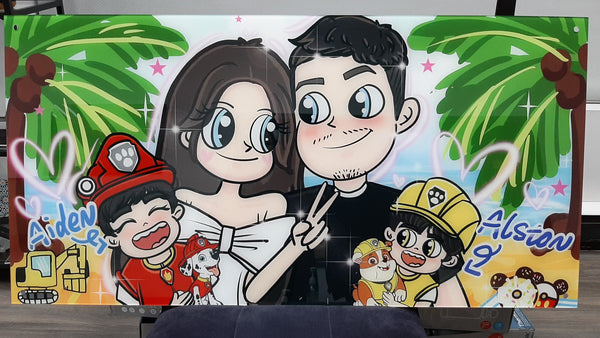 A personalized custom acrylic sign featuring a vibrant cartoon illustration of a family of four with tropical palm trees and personalized names "Aiden" and "Alston."